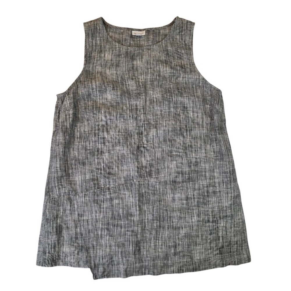 J.Jill Women's L 100%Linen Tank Top Black White Crosshatch Asymmetric Tunic